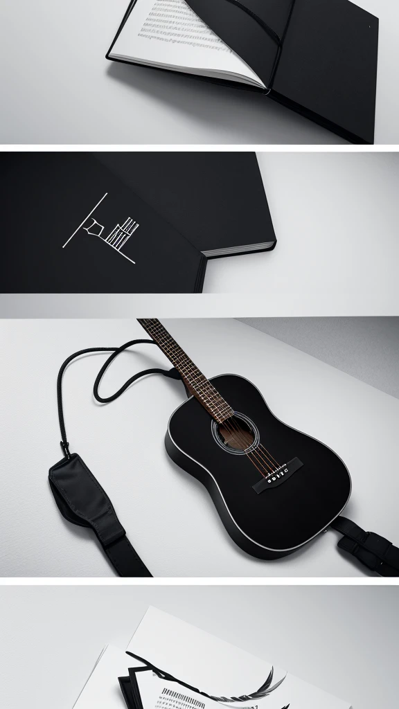 A minimal, modern, simple, cinematic logotype for the brand “Penamemoria". The logotype must be a simple, magical feather and a boy playing acoustic guitar. The logo must convey a sense of music, stories and dreams. Logo design impressed on a book cover. Minimalistic logo
