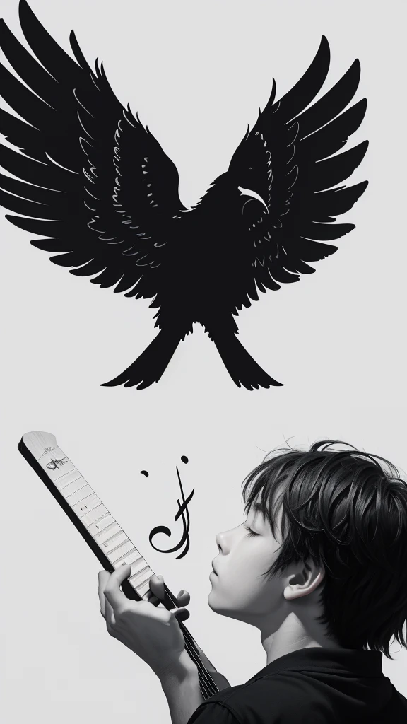 A minimal, modern, simple, cinematic logotype for the brand “Penamemoria". The logotype must be a simple, magical feather and a boy playing acoustic guitar. The logo must convey a sense of music, stories and dreams. Logo design impressed on a book cover. Minimalistic logo
