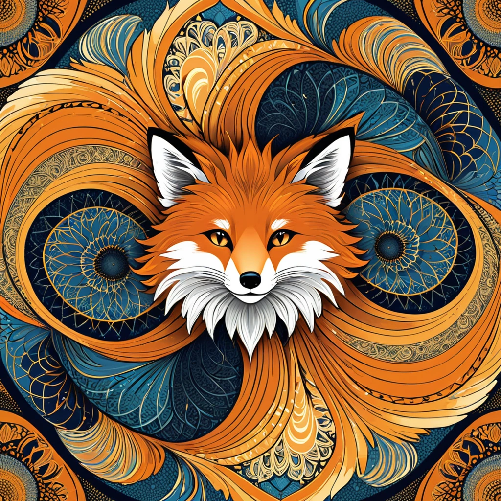 Beautiful fluffy haired Fox, Sandi Sylvestre mixed fractal zentangle abstract abstract vector fractal, wave function, shading abstract art complementary colors fine details, golden ratio, symmetrical, rule of thirds, geometric bauhaus