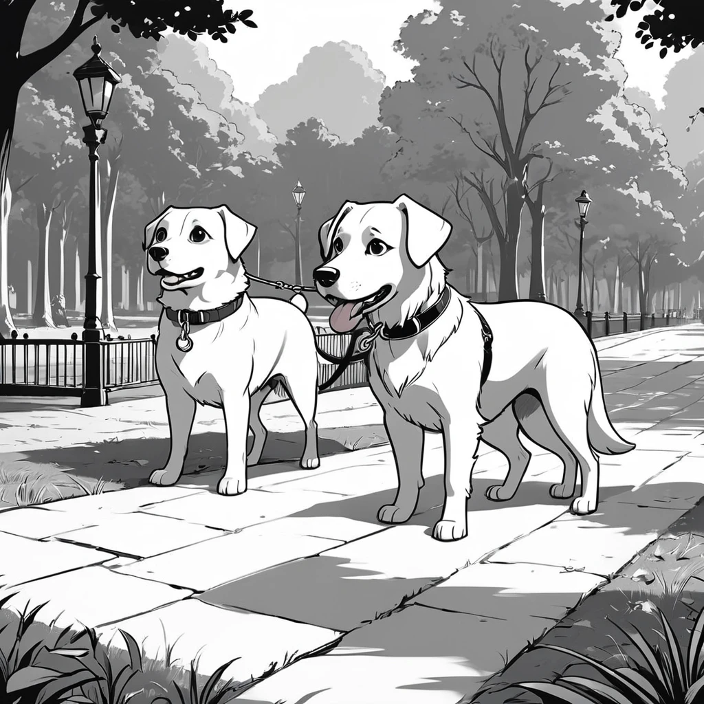 cartoon drawing of two dogs on a leash in a park, animated disney movie inking, published concept art, stylized linework, black and white illustration, official illustration, whole page illustration, by Istvan Banyai, concept art for a video game, by Maksimilijan Vanka, colorkey scene, game illustration, cartoon concept art