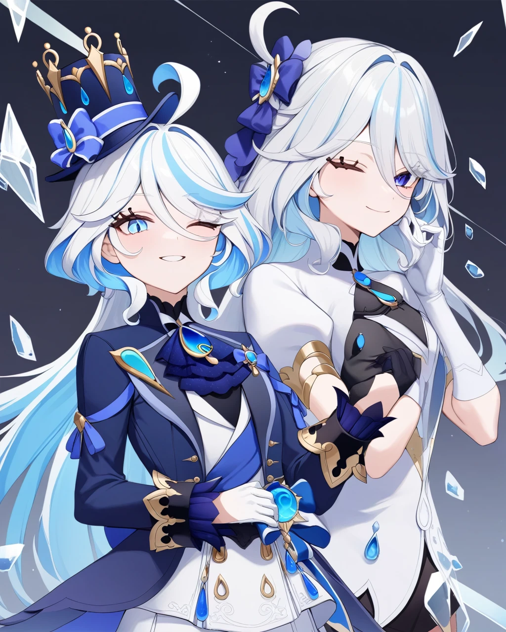 masterpiece,best quality,multiple_girls, 2girls, focalors_(genshin_impact), furina_(genshin_impact), genshin_impact, wavy_hair, holding_frame, kodona, smile, broken_picture_frame, blue_gemstone, colored_inner_hair, drop-shaped_pupils, black_background, long_sleeves, cowlick, split_theme, glass, mismatched_gloves, hat, gloves, grey_background, white_hair, broken_glass, top_hat, blue_jacket, gradient_background, long_hair, looking_at_viewer, one_eye_closed, puffy_sleeves, asymmetrical_gloves, upper_body, blue_hair, gem, glass_shards, multicolored_hair, lolita_fashion, streaked_hair, jacket, juliet_sleeves, black_gloves, white_gloves, blue_headwear