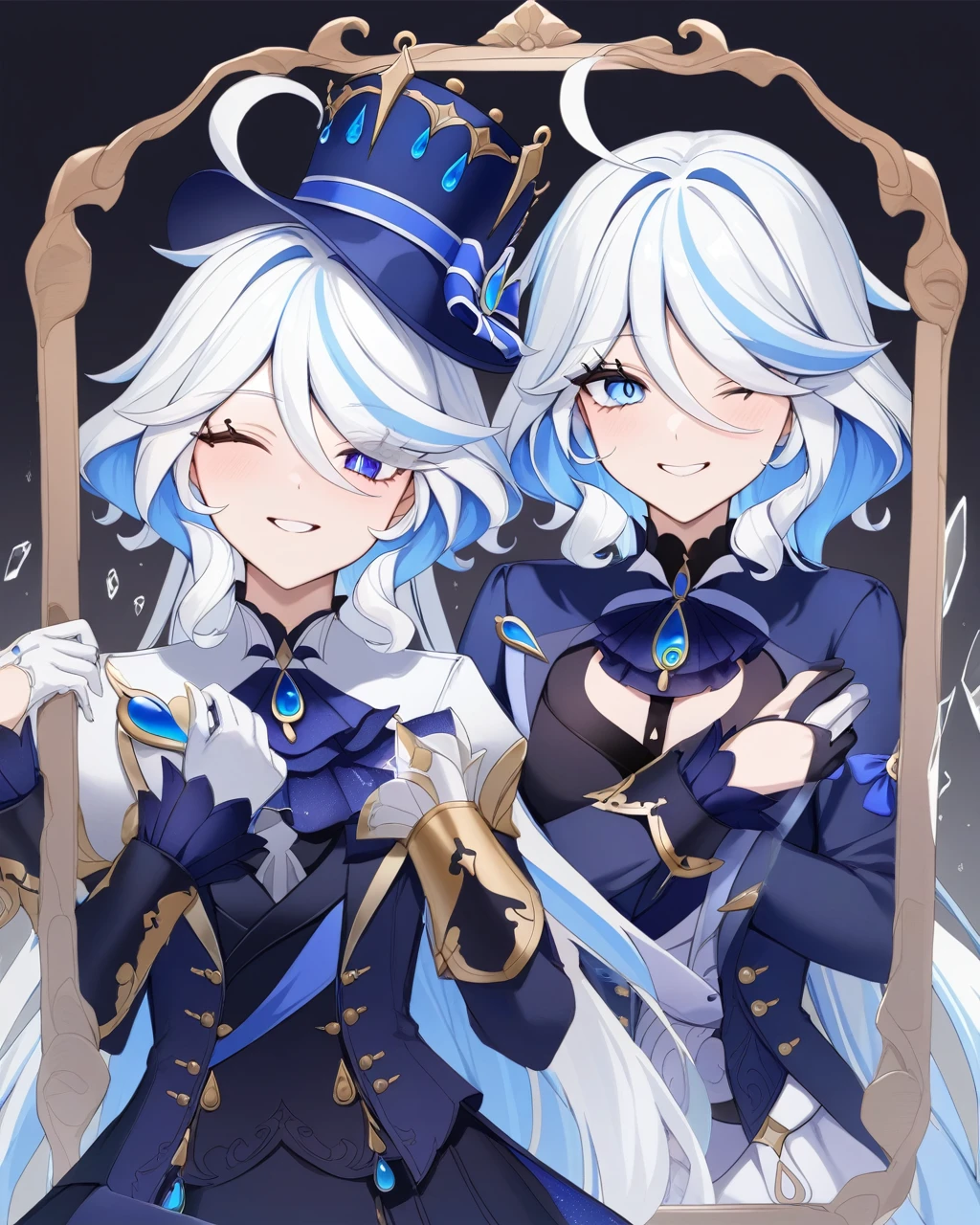 masterpiece,best quality,multiple_girls, 2girls, focalors_(genshin_impact), furina_(genshin_impact), genshin_impact, wavy_hair, holding_frame, kodona, smile, broken_picture_frame, blue_gemstone, colored_inner_hair, drop-shaped_pupils, black_background, long_sleeves, cowlick, split_theme, glass, mismatched_gloves, hat, gloves, grey_background, white_hair, broken_glass, top_hat, blue_jacket, gradient_background, long_hair, looking_at_viewer, one_eye_closed, puffy_sleeves, asymmetrical_gloves, upper_body, blue_hair, gem, glass_shards, multicolored_hair, ta_fashion, streaked_hair, jacket, juliet_sleeves, black_gloves, white_gloves, blue_headwear