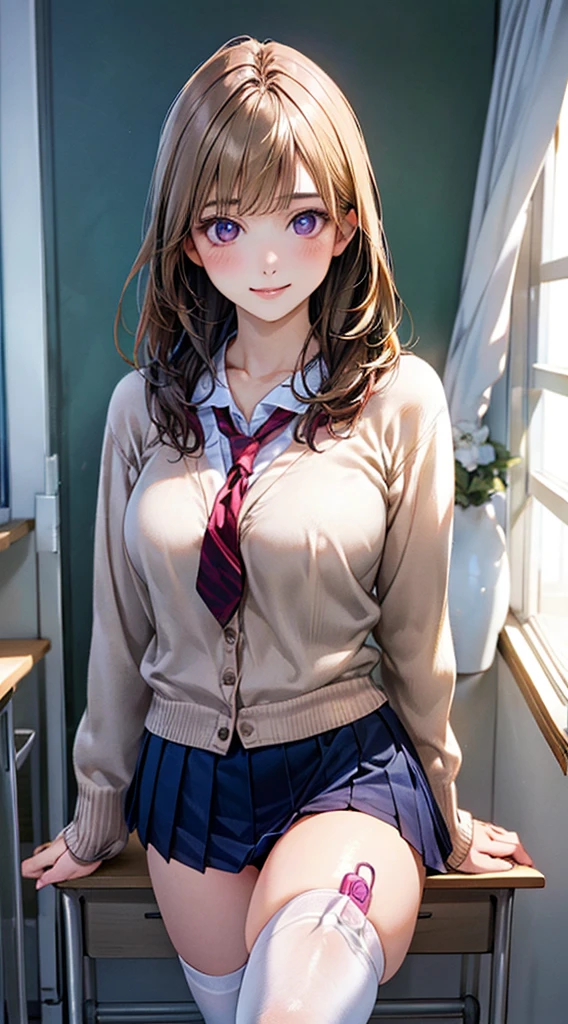 (masterpiece:1.2, Highest quality), (Realistic, photoRealistic:1.4), Beautiful illustrations, (Natural Side Lighting, Cinema Lighting), Browsing Caution, 
View your viewers, Cowboy Shot, Front view:0.6, 1 Girl, Japanese, high School girl, Perfect Face, Cute and symmetrical face, Shiny skin, 
(Long Hair:1.8, Straight hair:1.7, Blonde), Asymmetrical bangs, Purple eyes, (Large Breasts:1.1, Thick thighs), 
Beautiful Hair, Beautiful Face, Beautiful attention to detail, Beautiful clavicle, Beautiful body, Beautiful breasts, Beautiful thighs, Beautiful feet, Beautiful fingers, 
((Light blue collared shirt, Navy pleated mini skirt, socks, Navy tie, Light brown cardigan, Knee socks)), Pink Panties, 
(Beautiful views), evening, School, classroom, curtain, walking, Place your hands between your legs, vibrator in Knee socks, (Cute smile, Upward glance), 