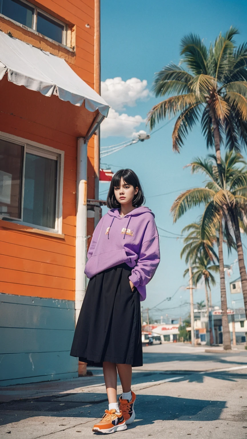 Fujifilm XT3,1 girl ,her pose exudes a sense of and joy,close up photo, wear (((color orange oversized_hoodie that covered her legs))), wear ((purple tennis skirt)),hands in hoodie pocket,looking front,Best Quality,Masterpiece,Ultra High Resolution,(Realisticity:1.4),Original Photo,light leak,ultra high resolution,UHD,beautiful, (bokeh:1) black bob hair, almond eye, no makeup, in front of (80's mondrian architecture motel), (realistic:1.2), (surreal:1.3), (very detailed:1.1), ((masterpiece)),summer, blue sky, palm trees,sunny, los angles vibes