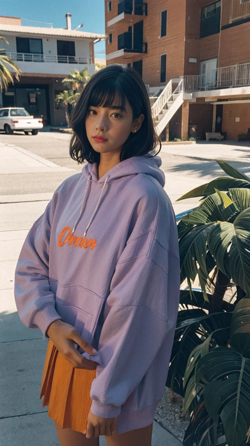 analog film photo cinematic photograph long shot portraits by Wes Anderson, cute 23 yo girl ,fokus, bokeh ,wear ((orange color oversized_hoodie)), wear ((purple tennis skirt)),looking front,Best Quality,Masterpiece,Ultra High Resolution,(Realisticity:1.4),Original Photo, 1Girl, light leak,ultra high resolution,UHD,beautiful, (black bob hair), almond eye, no makeup, in front of (80's mondrian architecture motel), (realistic:1.2), (surreal:1.3), (very detailed:1.1), ((masterpiece)),summer, blue sky, palm trees,sunny, los angles vibes,film camera, 800mm lens,style of Philip Lorca diCorcia