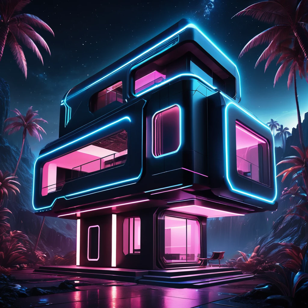 dark futuristic fantasy house, in space, sci-fi theme, landscape, neon lights, architectural visualiization, (RAW photo, real, best quality, masterpiece:1.2), detailed, (hyper realistic, photo-realistic:1.2), high quality, (dark lighting:1.2), perfect lighting