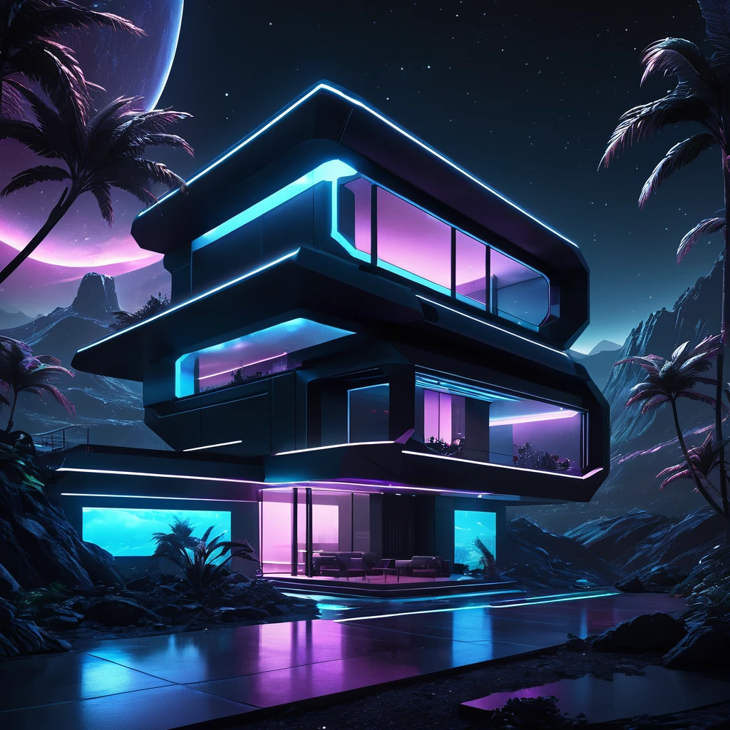 dark futuristic fantasy house, in space, sci-fi theme, landscape, neon lights, architectural visualiization, (RAW photo, real, best quality, masterpiece:1.2), detailed, (hyper realistic, photo-realistic:1.2), high quality, (dark lighting:1.2), perfect lighting