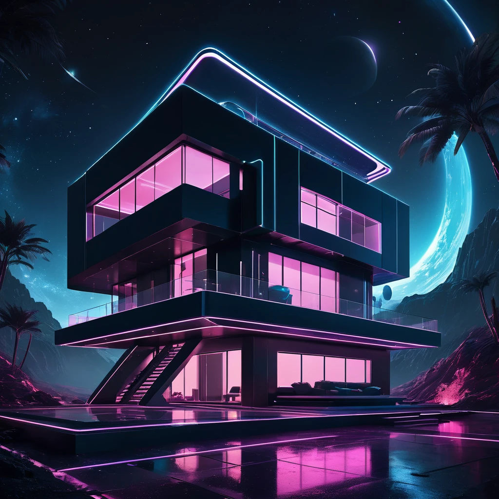 dark futuristic fantasy house, in space, sci-fi theme, landscape, neon lights, architectural visualiization, (RAW photo, real, best quality, masterpiece:1.2), detailed, (hyper realistic, photo-realistic:1.2), high quality, (dark lighting:1.2), perfect lighting