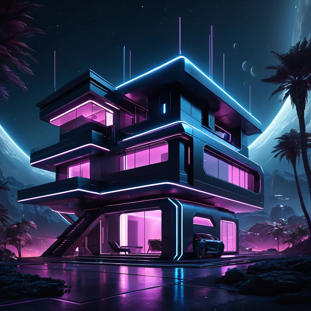 dark futuristic fantasy house, in space, sci-fi theme, landscape, neon lights, architectural visualiization, (RAW photo, real, best quality, masterpiece:1.2), detailed, (hyper realistic, photo-realistic:1.2), high quality, (dark lighting:1.2), perfect lighting