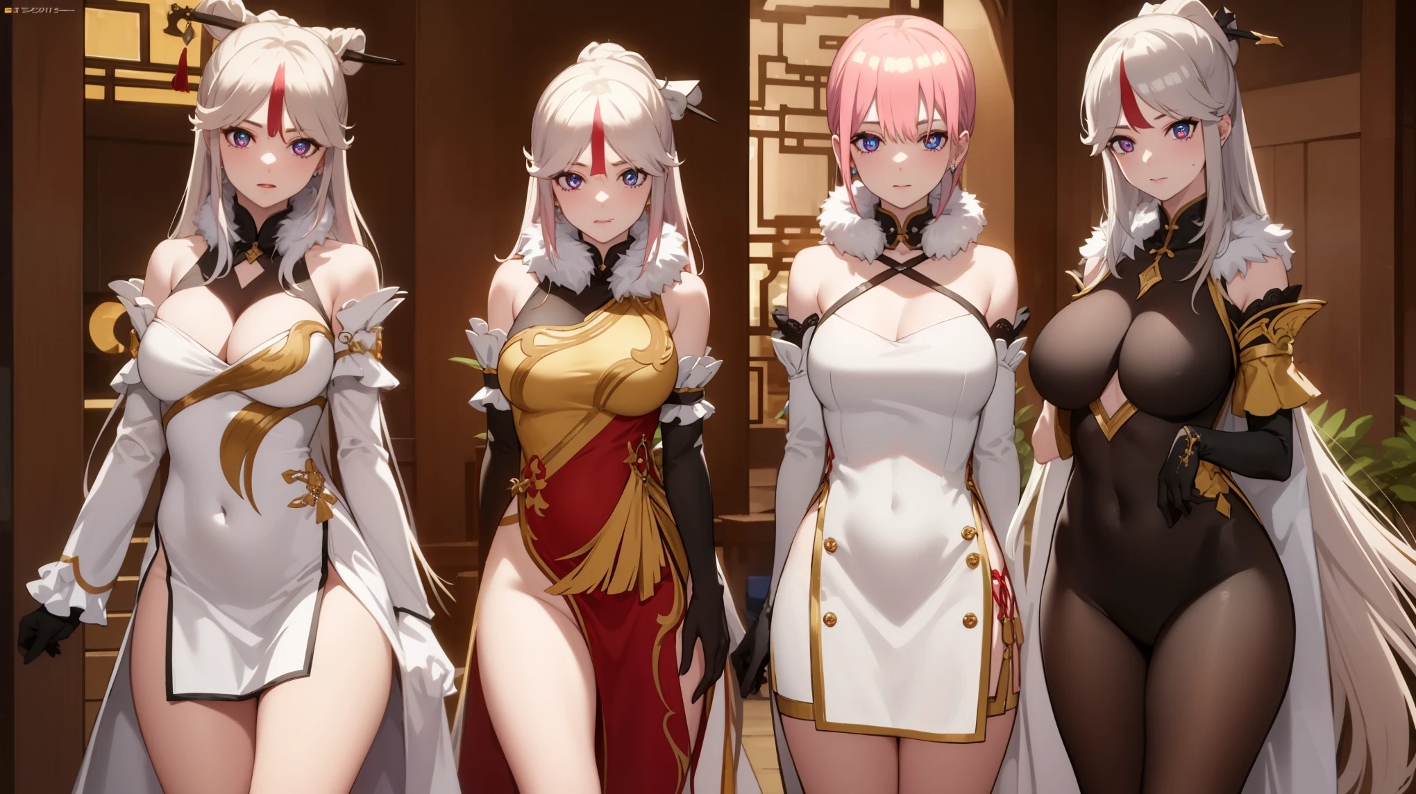 1women,milf,ichikanakano, ichika nakano, short hair, bangs, blue eyes, hair between eyes, pink hair, earrings, 
BREAK bare shoulders, black gloves, chinese clothes, claw ring, detached sleeves, dress, elbow gloves, frilled sleeves, frills, fur collar, gloves, jewelry, pelvic curtain, sleeveless, sleeveless dress, white dress,
BREAK looking at viewer, full body, (cowboy shot:1.5),
BREAK indoors,
BREAK (masterpiece:1.2), best quality, high resolution, unity 8k wallpaper,NSFW ,(illustration:0.8), (beautiful detailed eyes:1.6), extremely detailed face, perfect lighting, extremely detailed CG, (perfect hands, perfect anatomy),