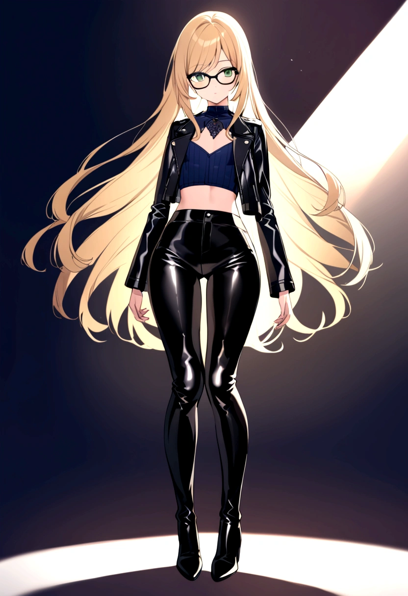 a beautiful girl, with long blonde hair, who wears black glasses, with wide hips, narrow waist, with flat chest, pretty face, with green eyes, 18 years, perfect and glowing skin, wearing flared leather pants and a leather jacket, with a navy blue blouse, full body.
