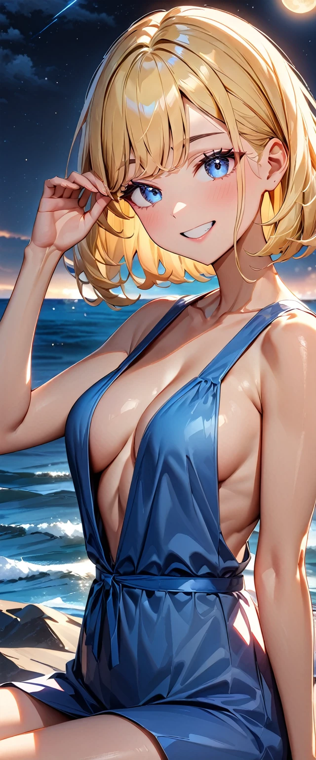 ((grin)), tsurime, ((plunging neckline dress:1.3)), ((sundress)), ((off shoulders, Quite thick shoulder straps)), ((blond hair, bob cut:1.3)), ((sunglasses, hand to sunglasses)), (((from side))), ((((upper body)))), bare legs, (((A night sky stretching under a full moon, stars shining and reflecting on the sea surface))), ((sitting on the very high cliff)), wavy hair, inward curled hair, ((sea, nature)), breasts, ager, (looking at viewer), collarbone, head tilt:1.3, (((blue eyes))), happy smile, (((anime style))), (best quality, 4K, 8K, highres, masterpiece:1.2, ultra-detailed, ultra-detailed eyes, HDR, uhd, studio lighting, ultra-fine painting, sharp focus, physically-based rendering, extreme detail description, professional, vivid colors, bokeh)