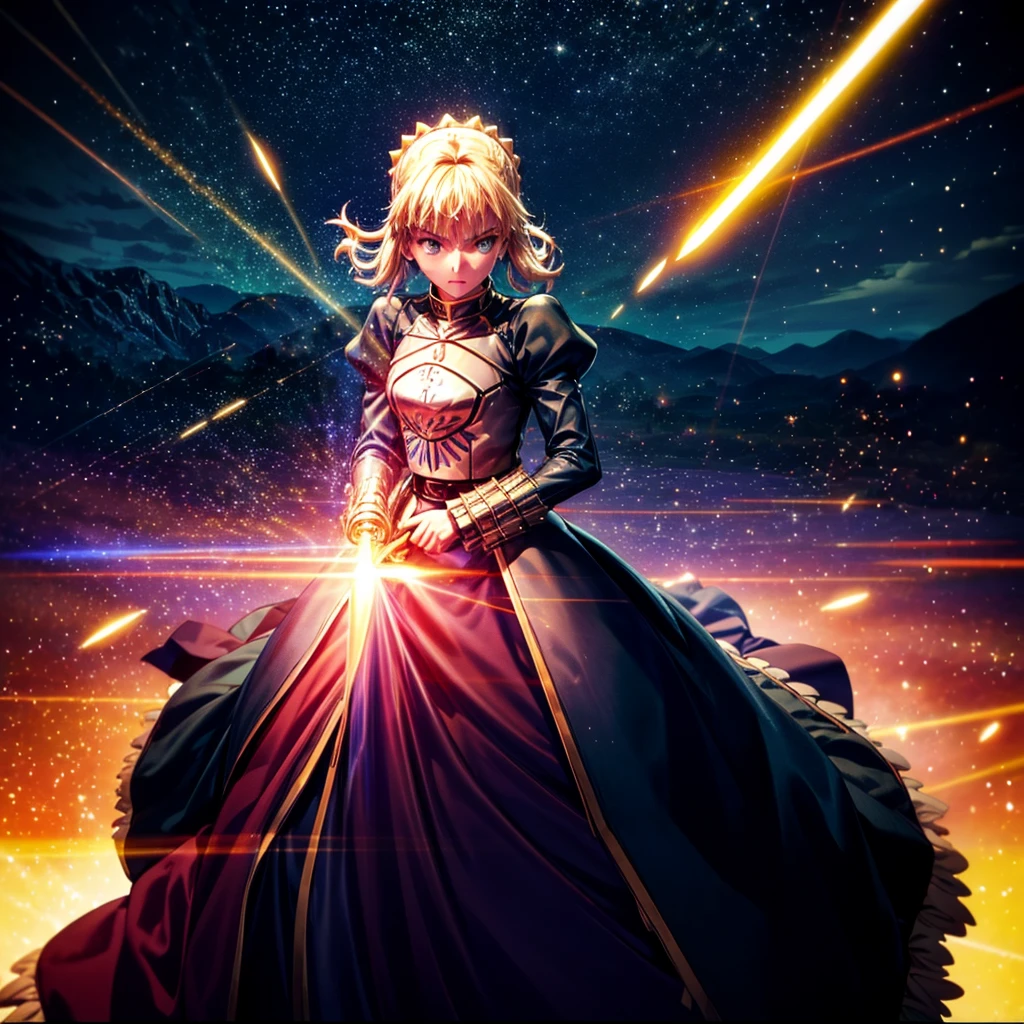 Saber (fate series), holding sword, glowing sword,aura particles surrounding her , glowing particles, night sky, masterpiece,32k, high quality 