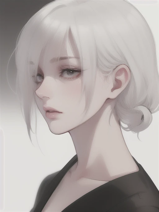 photorealistic portrait of a beautiful Korean girl, 20 years old, with white hair, a medium sidecut hairstyle, hair covering one eye, sharp focus, wearing a black business suit, looking tired, (best quality,4k,8k,highres,masterpiece:1.2),ultra-detailed,(realistic,photorealistic,photo-realistic:1.37),gorgeous lighting,cinematic composition,chiaroscuro,dramatic shadows