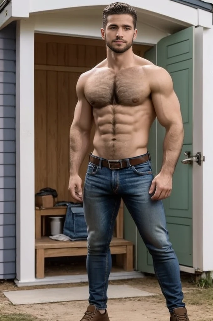Tanner Buchanan, ((masterpiece)), ((best quality:1.2)), High Resolution, 8k, full body image, (ultra_realistic:1.3), (photorealistic:1.4), sharp focus, 1boy, (perfect face), wide angle, handsome, outdoors, standing in front of barn, TannerBuchanan, slight smile, shirtless, barr ?????, ???? torso, denim blue jeans, belt, shiny silver belt buckle, thumbs in pockets, (((full body portrait))), wide angle, green eyes, pushed back brown hair, solo, 1boy, looking at viewer, very short hair, clean shaven face, very hairy ?????, very hairy pectorals, very hairy abdominals, very hairy forearms, large pectorals, pectoral lift, small waist, large biceps, huge bulge, low rise jeans, jeans sit low on ????, clean shaven face, slight smile, dark ????? hair