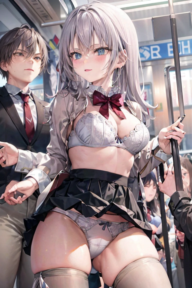 masterpiece, best quality,alisa kujou, skirt, bag, jacket, socks, looking at viewer,plaid, blazer, brown hair, plaid skirt,(white socks:1.8),(thigh-high socks:1.8),long sleeves, bangs, open clothes, open jacket, bow, brown eyes, pleated skirt, bowtie, day, long hair, bush, red bow, kneehighs, shirt, sleeves past wrists, backpack,red bowtie,(beige jacket:1.8), school bag,(black skirt:1.8), blurry, collared shirt, miniskirt, white shirt, cardigan, grass, sweater,(light smile:1.2), (Illustration:0.8), (beautiful detailed eyes:1.6),(Fully exposed panties:1.8),(1 girl standing:1.5),nsrf,grabbing another's ass,short stature,(orgasm:0.8), BREAK lotr of people,(crowded train:1.8),(rush hour train:1.8),(man with office suit:1.7),BREAK (turn up the skirt:1.7),(shirt lift:1.7),(bra lift:1.8), (nipples:1.2), (chikan:1.9),(vaginal sex:1.5), (frying hands:1.1), (fresher:1.5),(:1.6),(curvy:1.5),(zettai ryouiki:1.8),(cute panties:1.8),(white panties:1.8),(pink panties:1.1),(white bra:1.8), (turn up the brassiere:1.7), (misaligned brassiere:1.5),breast slip,breasts out, BREAK breasta_on_glass,povbrestgrab,(panties shot:1.5),(up skirt:1.5), grabbing another's breast,close contact with men,cohesive,(train:1.7), (surprised),(nose blush),(open clothes:1.3),(disordered shirt:1.1),(undressing:1.5), BREAK (from below:1.8),(cowboy shot:1.9),(dynamic angle:1.8),looking down,(spread legs:1.5),BREAK