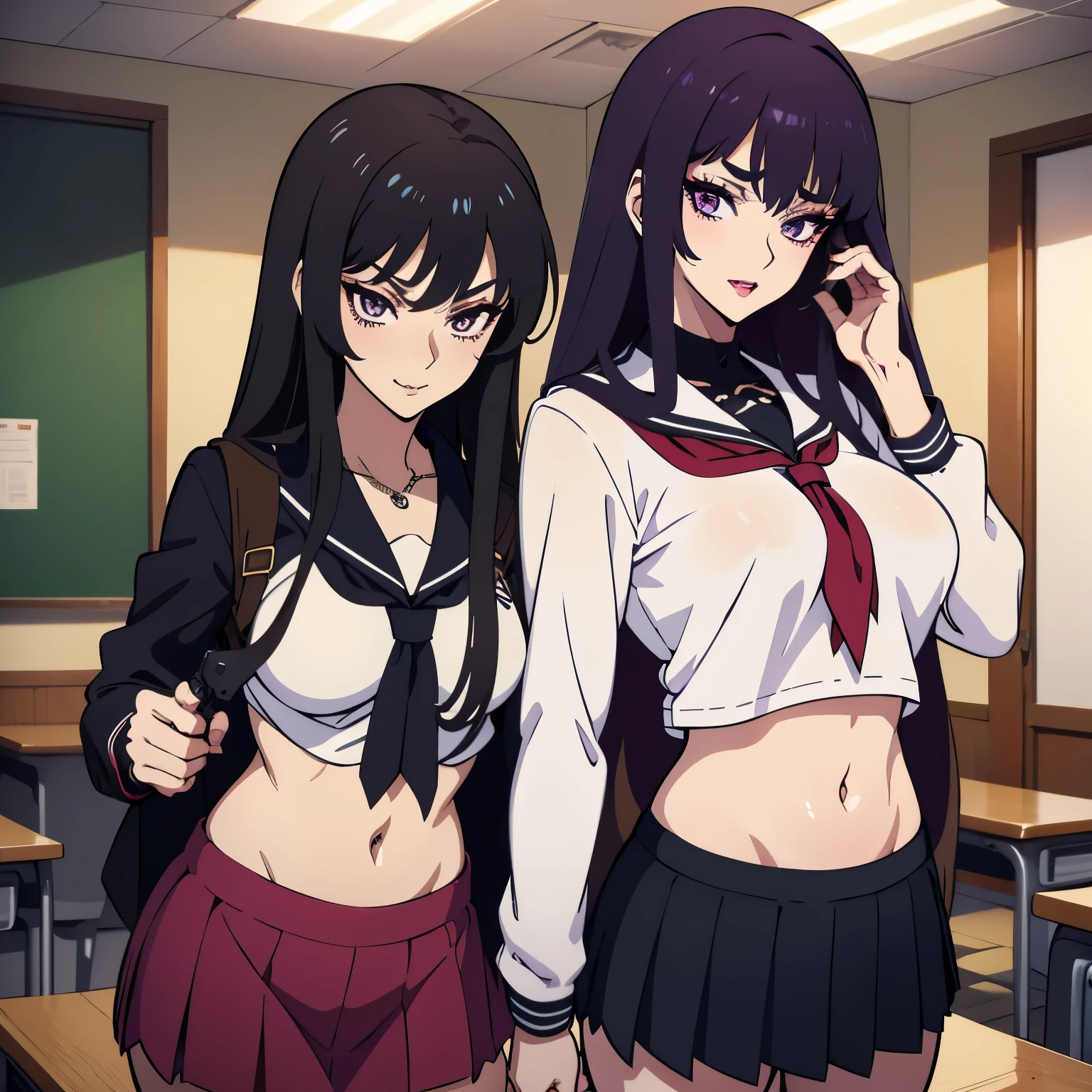 2girl, two girls , black eyes, purple eyes, long hair, mature female, makeup, eyelashes, blush, lipstick, Hot girl, baddie, staring, glaring, bad attitude, mean girl, dare, angry, hate, crazy, smoking, sensual, attractive, masterpiece, best quality, highly detailed, a anime girls in sailor uniforms with a gun posing for a picture, evil smile, smile, open mouth,black_serafuku, ecchi anime style, anime girls , (nsfw) not safe for work, ecchi style, ecchi, shipgirls, digital anime art!!, high school girls, holding a gun, hold a gun, anime style 4 k, micro skirt, exposed belly, exposed navel, exposed midriff, exposed lower belly,school, classroom, 