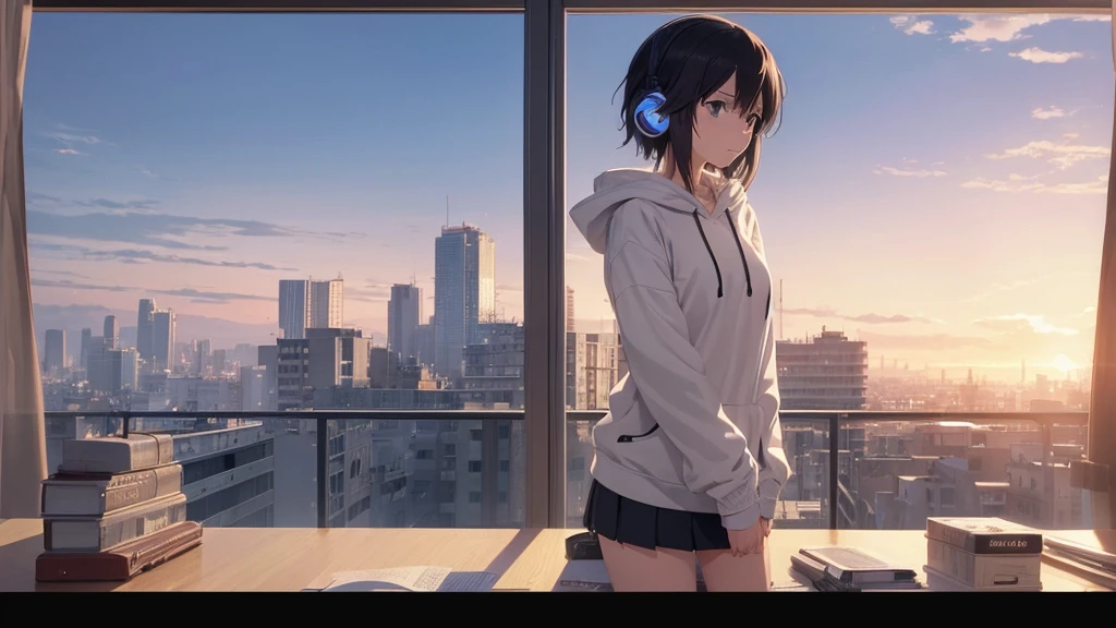 Absurd, Ultra-high resolution, (Official Art, beautifully、mysterious:1.2), Anime Art Wallpaper, 8K, An atmosphere of praise, Correct human body composition, Striking eyes, Oversized hoodie and short skirt, Shiny black hair, Larger than average bust, Girl listening to music with headphones, Looking out the window, Coffee on the desk, lo-fi girl, Makoto Shinkai and Artgelm, Anime atmosphere, Lofi Art Style, Anime Aesthetics, Lo-fi feel, City Room, Teenage Girl's Room, A room for music lovers, city view from the window, Impressive cityscape, Bright Sky