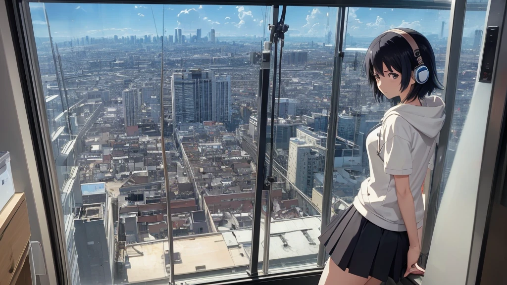 Absurd, Ultra-high resolution, (Official Art, beautifully、mysterious:1.2), Anime Art Wallpaper, 8K, An atmosphere of praise, Correct human body composition, Striking eyes, Oversized hoodie and short skirt, Shiny black hair, Larger than average bust, Girl listening to music with headphones, Looking out the window, Coffee on the desk, lo-fi girl, Makoto Shinkai and Artgelm, Anime atmosphere, Lofi Art Style, Anime Aesthetics, Lo-fi feel, City Room, Teenage Girl's Room, A room for music lovers, city view from the window, Impressive cityscape, Bright Sky