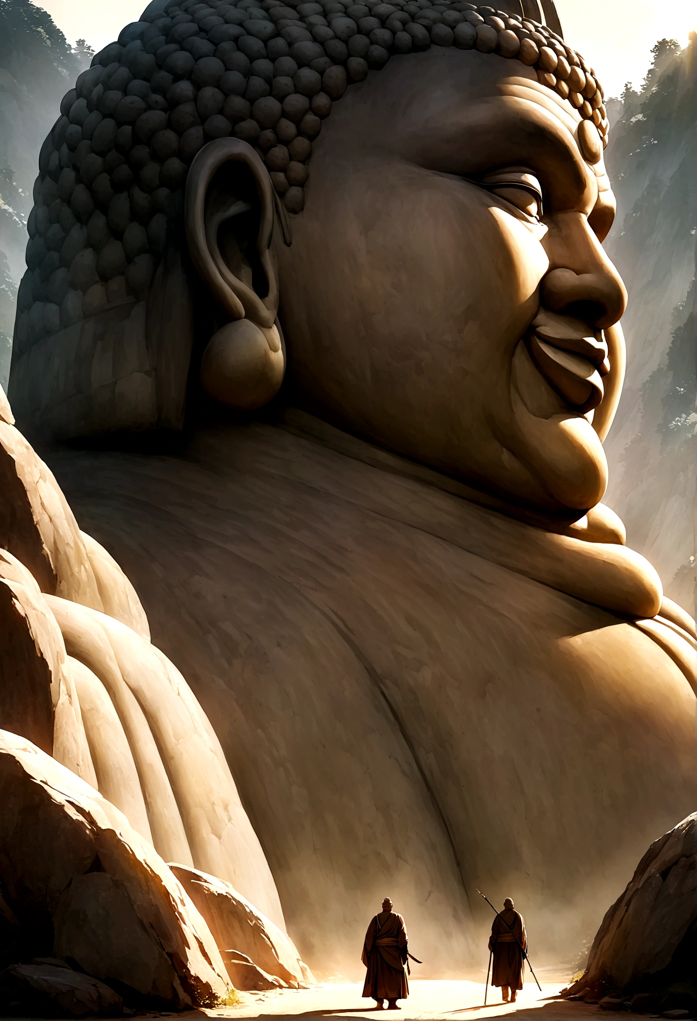 Huge Buddha statue in the distance, Stone, texture, High target, majestic, Background lit by sunlight,inverted image,side,Pilgrims on the road