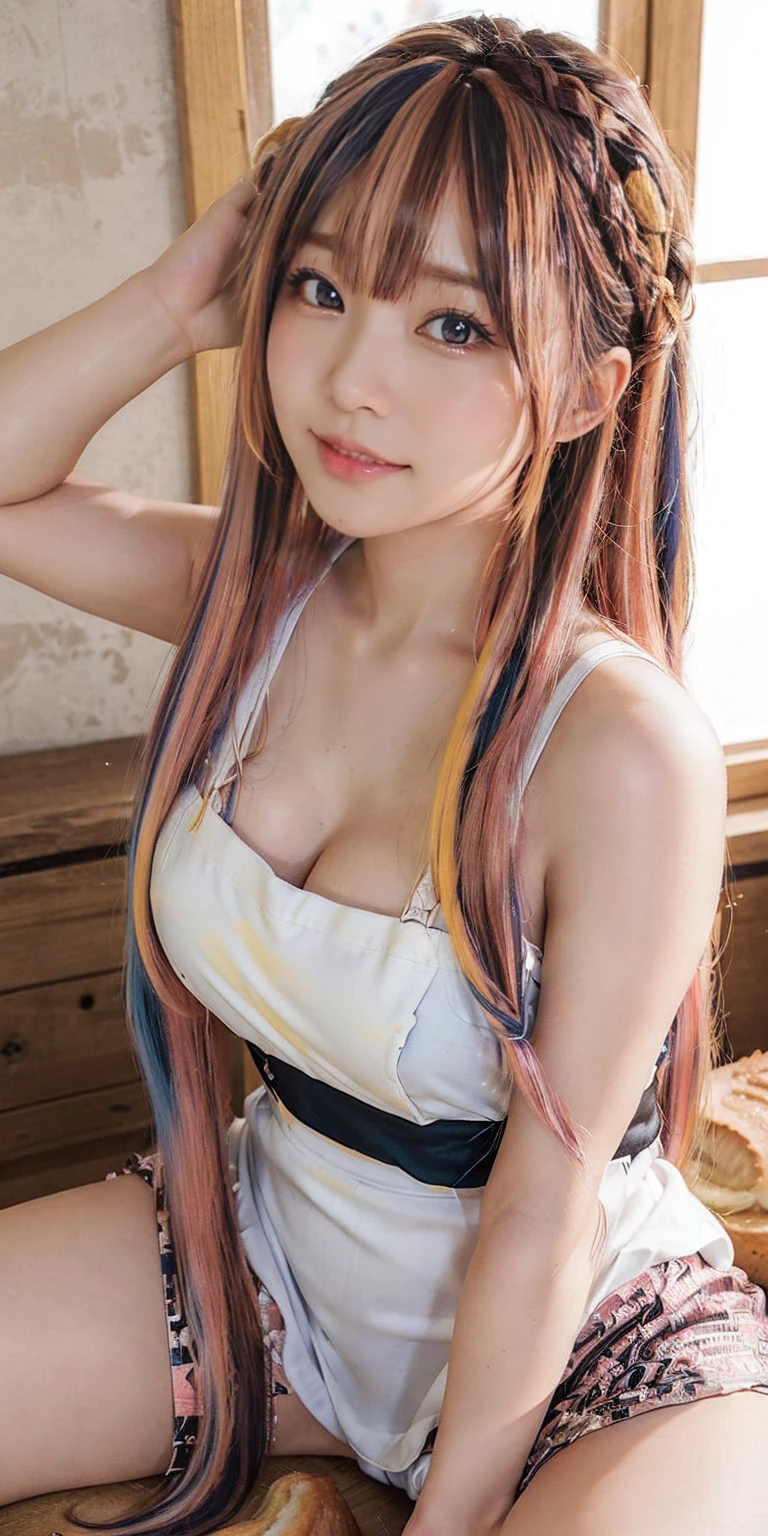 Fluid organization:1.6), 本当に野生の髪を持つ一人のbeautiful女の子, (Colorful wavy hair:1.2),( Two long braids:1.2), (Long wild hair:1.2), (Multicolored Hair: 1.9),可愛いsmile
パン屋販売スタッフ、(((Low - Angle:1.4)))、((One hand raised))、((She is wearing a colorful and pop blouse and apron.)),(;have big bread))、(((Spread your legs:1.4)))、,(((beautiful armpits:1.2)))、High resolution、Bakery、、smile、Finished as in the picture、white and beautiful skin、Focus on small breasts、((beautiful５This finger))、Bakeryの制服を着ています、最high quality、High resolution、Very detailed、masterpiece、Live Shooting:2、Genuine:2、photoGenuineistic:2、very delicate and beautiful、Fine details、Textured skin、Full Shot、、(beautiful face:2)、hot pants、Putting on makeup、Perfectly balanced legs:1.5), Looking at the camera, Angle from above, (((hot pants))), High resolution、未来のBakery、Delicious bread that women will love、Looking at the camera、smile、Finished as in the picture、、(((I have a big loaf of bread)))、(((cute smile)))、((((Eat delicious bread)))))、((I love bread))、(front focus piece:1.3), 
、Cute Apron、Rainbow Apron、Bakeryの制服を着ています、明るすぎるNatural light、Shining sunlight、最high qualityのディテール, Japanese Girls,1 girl, 8K, RAW Photos, 最high quality, Ticker:1.2, Very detailedなRAWカラー写真, Professional photos, (reality, photoGenuineisticです:1.37), (Very detailedな皮膚:1.2), 超High resolutionな, (Lenz 50mm),,絶妙にFine grain,Look at the person watching,Pretty face, Just Mile:1.05),Wide Hips,Straight hair,,Light pink inner color、 white and fine skin、(Very detailedな8K cg:1.2), (hyper Genuineistic:1.35), (photoGenuineisticです:1.45), (reality:1.4), 

(背景はBakery:1.1)、Sexy upward glance, 、Very detailed、masterpiece、最high quality、Ultra-high resolution energy A、8KのHigh resolutionにより、Transparency as shown in the photo、Fine grain、Expression of gradation、Perfect anatomical figure ,hard disk、Ticker (English) 、 Nikon Z9 80mm Lens ,、明るすぎるNatural light、Shining sunlight、、Ultra slim body、Slender model figure、beautiful姿勢、, 最high quality, 8K, RAW Photos, Confused, Award-winning portraits, shy smile, shy smile, , Delicate girl,, Digital SLR, View your viewers, Frank, Sophisticated, Thin arms, Professional Lighting, Film Grain, chromatic aberration, (Fine grainと顔:1.0), Live Shooting、(((A portrait of extreme beauty)))、((Glowing Skin))、1 girl、16 year old beautiful girl from Prague、Bright expression、((Platinum Blonde Hair))、[Big blue eyes that sparkle like jewels]、Shiny skin、silky super long Straight hair、eyeliner、beautiful前髪、Hair around the eyes、最high quality、Very detailed、Film Light、Intricate details、High resolution、Very detailed))、Detailed Background、8KUHD、Digital SLR、Soft Light、high quality、Film Grain、Fujifilm XT3 、Shallow depth of field、Natural light、(((Spread your legs:1.4)))、Pieces fly、High resolution、Bakery、16-year-old girlas in the picture、white and beautiful skin、Focus on small breasts、最high quality、High resolution、Very detailed、masterpiece、Live Shooting:2、、neon hair clip,masterpiece、最high quality、
One girl,Ives Girl,beautiful照明,(((Anyone can see the D logo.:9)))