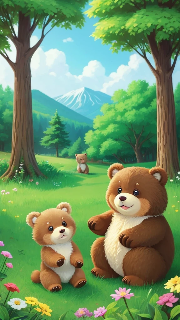 「Please draw an illustration of a cute bear cub in the woods.。The baby bear has fluffy fur、It has big eyes and round ears.。Green tree in the background々Flowers々There is、Please draw some bear cubs having fun playing.。」