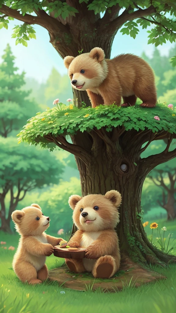 「Please draw an illustration of a cute bear cub in the woods.。The baby bear has fluffy fur、It has big eyes and round ears.。Green tree in the background々Flowers々There is、Please draw some bear cubs having fun playing.。」