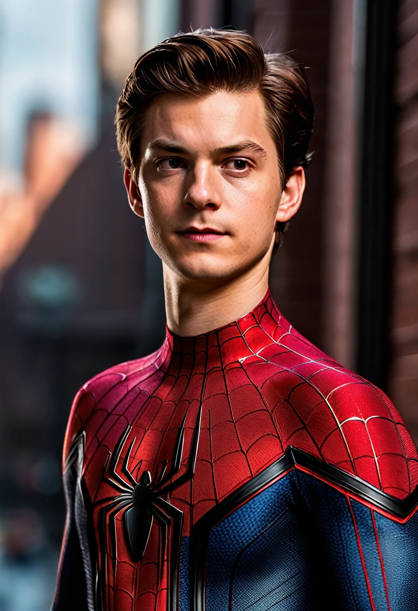 A full body portrait of Peter Parker whose facial features are a combo of Tom Holland + Andrew Garfield + Tobey Maguire. Peter wears the Spider-Man suit minus the mask. Symmetrical eyes. Symmetrical face. Great details. Photorealistic. Full-colored photo. Professional photo. Highly detailed 8K.