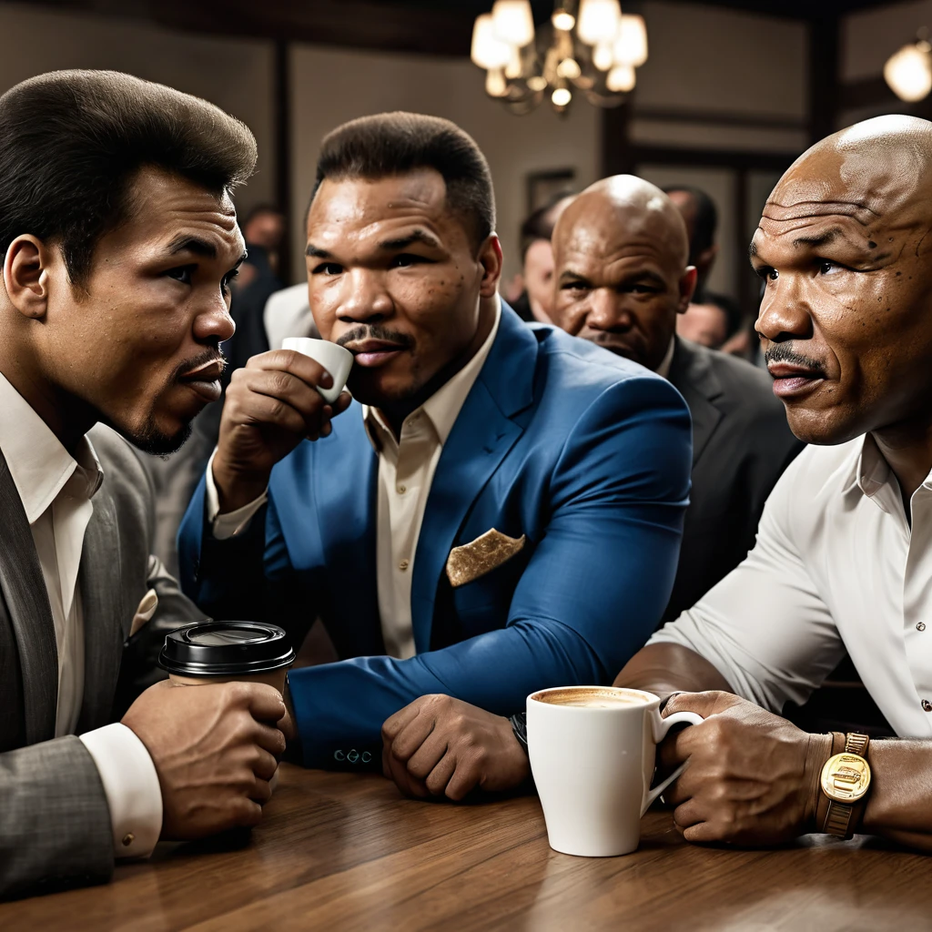 a detailed portrait of Mr Muhammad Ali, Mr Sugar Ray Robinson, Mr Joe Louis, Mr Mike Tyson, Mr Floyd Mayweather, Mr Manny Pacquiao sitting together drinking coffee happily, extremely detailed, high quality, realistic, photorealistic, 8k, hyper detailed, ultra-detailed, cinematic lighting, dramatic atmosphere, warm color tones, detailed facial features, intricate clothing textures, natural skin tones, masterpiece
