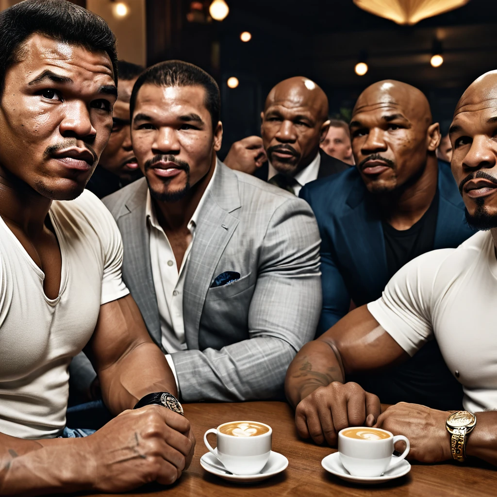 a detailed portrait of Mr Muhammad Ali, Mr Sugar Ray Robinson, Mr Joe Louis, Mr Mike Tyson, Mr Floyd Mayweather, Mr Manny Pacquiao sitting together drinking coffee happily, extremely detailed, high quality, realistic, photorealistic, 8k, hyper detailed, ultra-detailed, cinematic lighting, dramatic atmosphere, warm color tones, detailed facial features, intricate clothing textures, natural skin tones, masterpiece