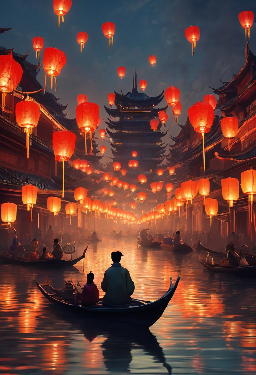 Chinese festival atmosphere，a person sitting on a boat in the water holding lanterns, in the style of futuristic landscapes, guys, gloomy metropolises, Ruan Jia, Grzegorz Domaradzki, oriental-like, cabincore，Beautiful and dreamy，Kongming Lantern Wishing Lantern