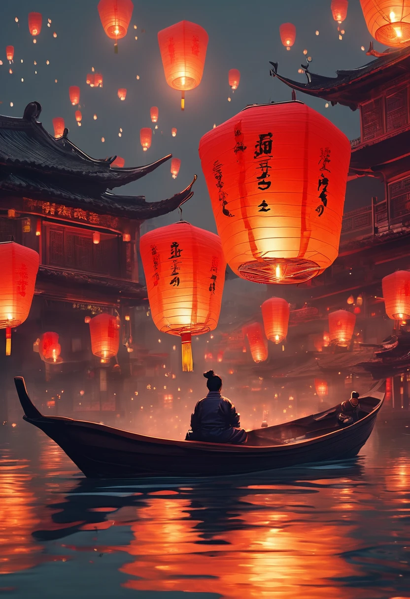 Chinese festival atmosphere，a person sitting on a boat in the water holding lanterns, in the style of futuristic landscapes, guys, gloomy metropolises, Ruan Jia, Grzegorz Domaradzki, oriental-like, cabincore，Beautiful and dreamy，Kongming Lantern Wishing Lantern