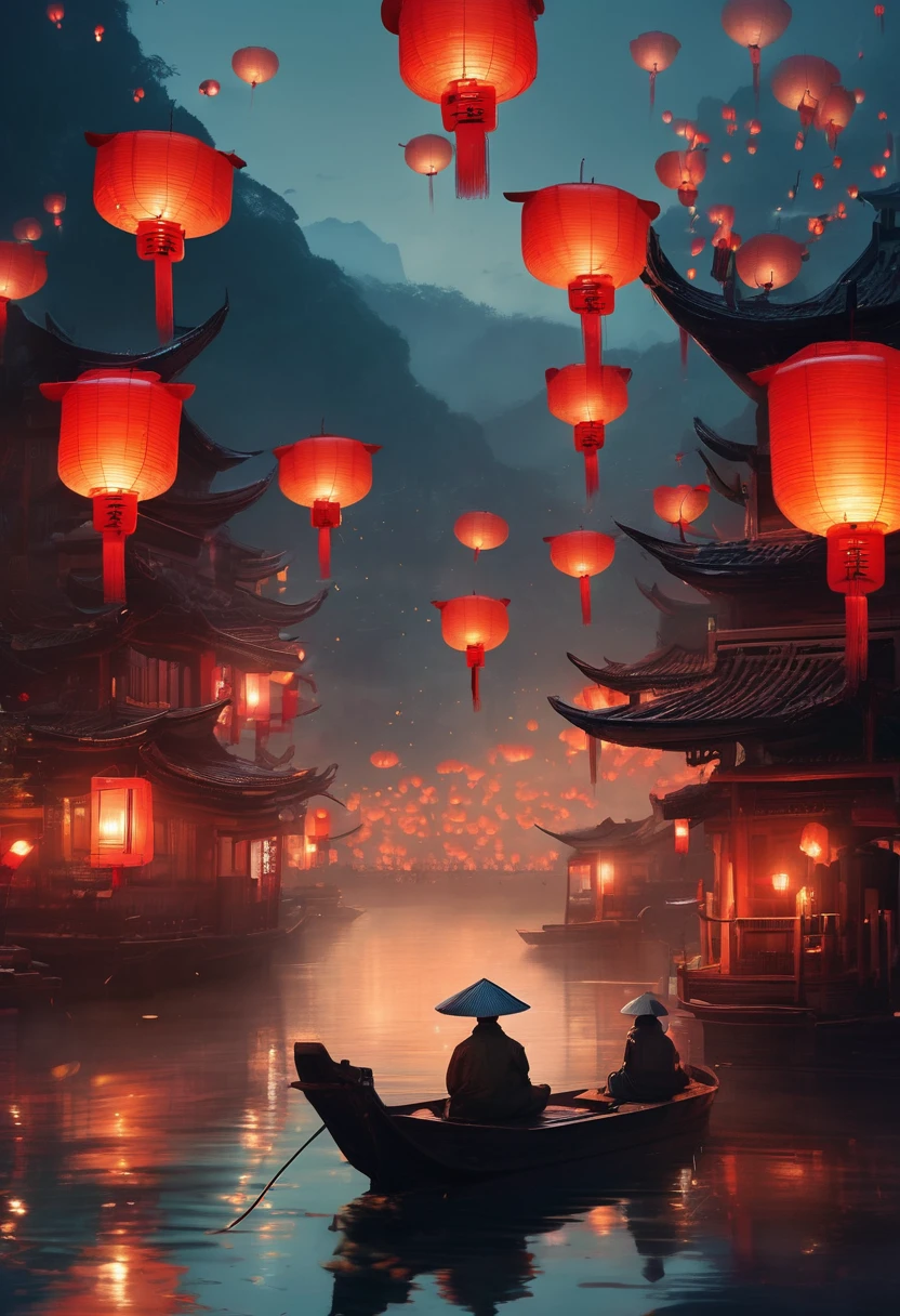 Chinese festival atmosphere，a person sitting on a boat in the water holding lanterns, in the style of futuristic landscapes, guys, gloomy metropolises, Ruan Jia, Grzegorz Domaradzki, oriental-like, cabincore，Beautiful and dreamy，Kongming Lantern Wishing Lantern