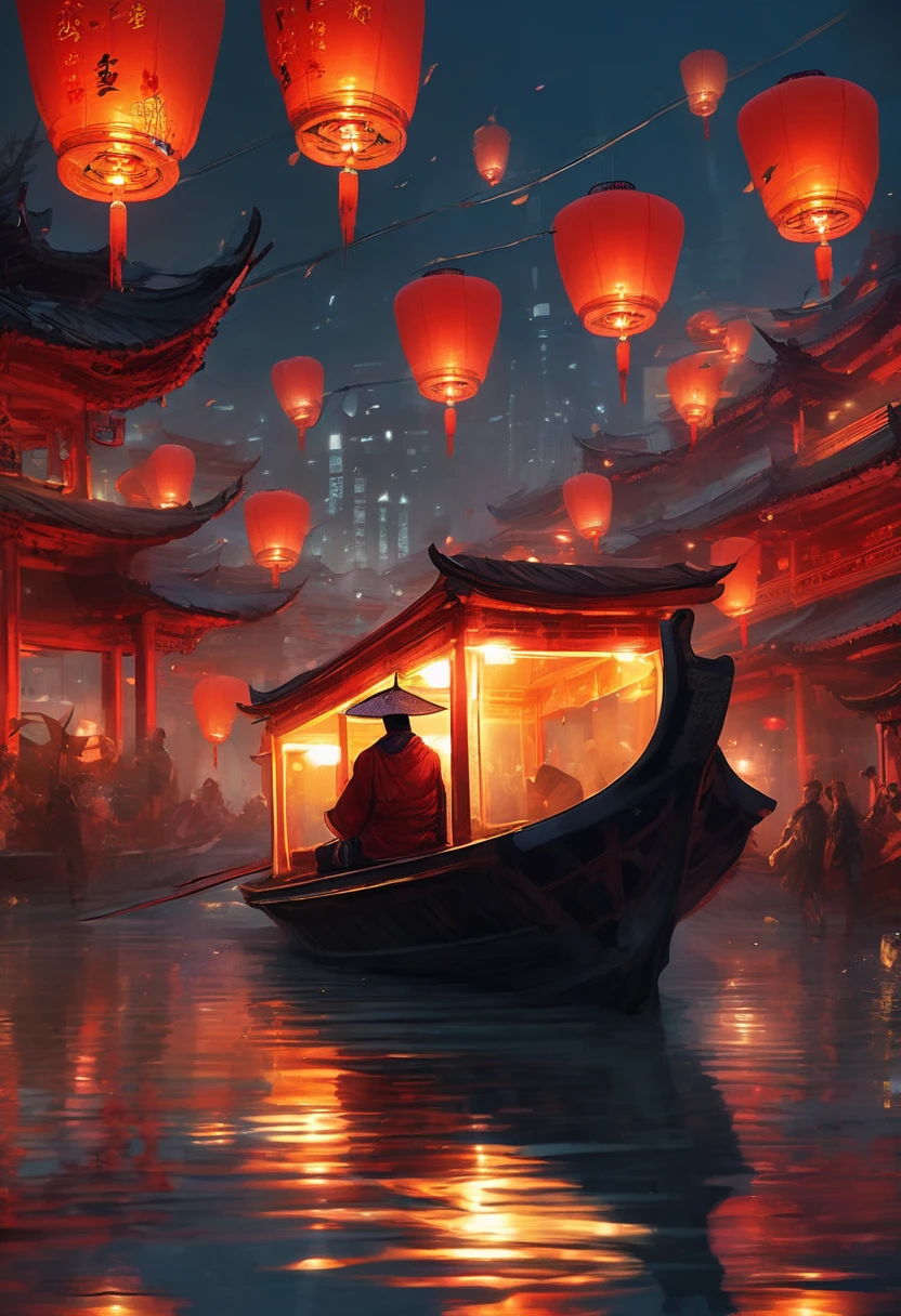 Chinese festival atmosphere,a person sitting on a boat in the water holding lanterns, in the style of futuristic landscapes, guys, gloomy metropolises, Ruan Jia, Grzegorz Domaradzki, oriental-like, cabincore,Beautiful and dreamy,Kongming Lantern Wishing Lantern