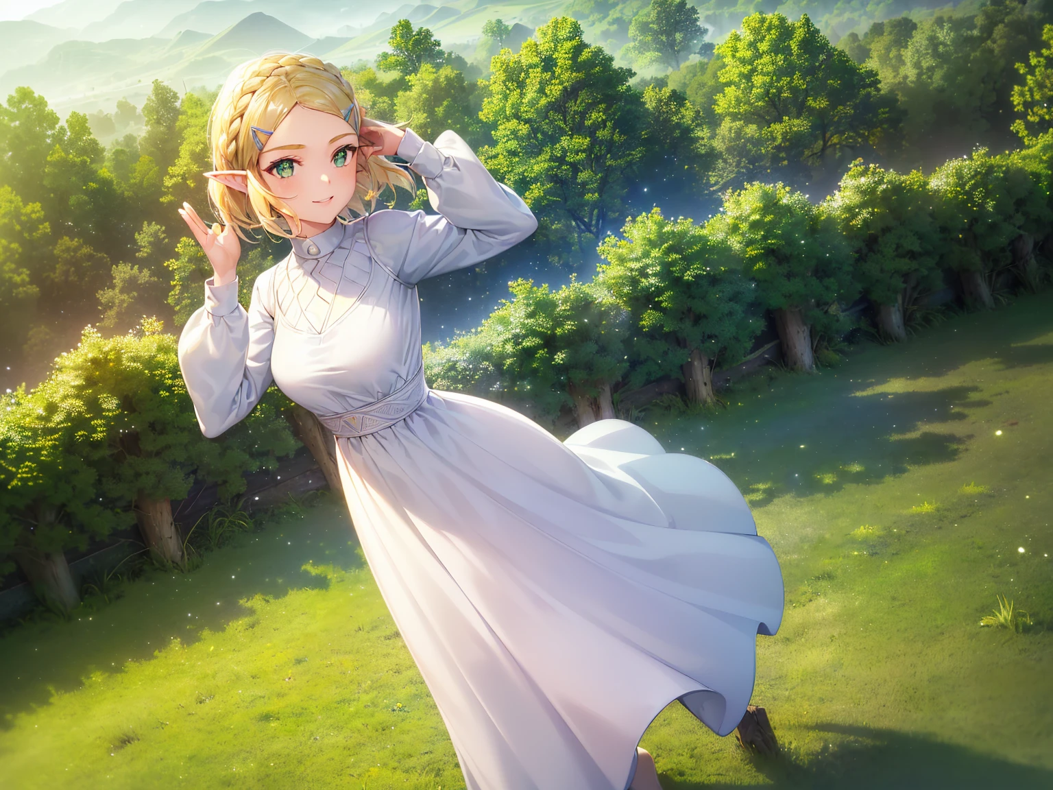 (masterpiece, best quality, high definition:1.2), (1girl, solo:1.3), (blonde hair, short hair, crown braid, hairclip, hair swaying from the wind:1.3), (green eyes, bright pupils, sparkling eyes:1.2), (pointy ears, white dress, long sleeves:1.3), (smile, happy:1.2), (standing, full body shot, full body:1.5), (waving, hand waving, waving hand at viewer:1.3), (day time, light particles:1.1), (scenery, outdoors, field, green field, grass field, open field:1.35), (mountains, mountains in the distance:1.1), 200mm lens,