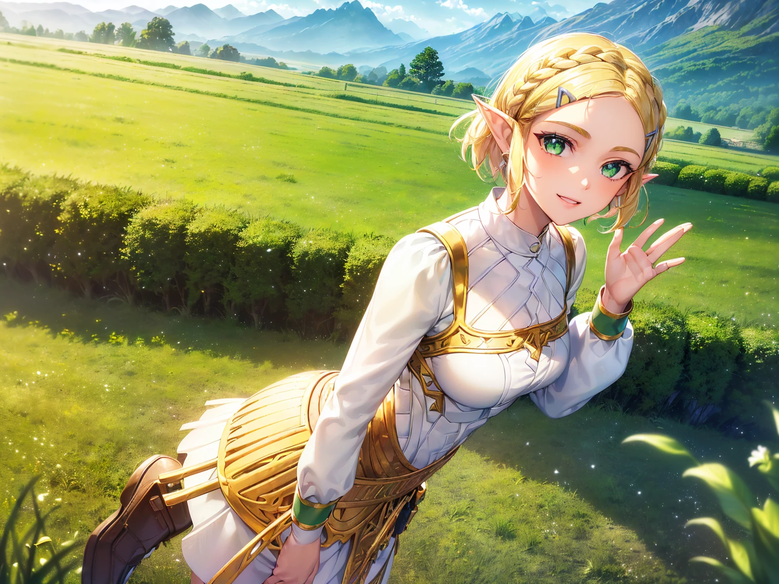 (masterpiece, best quality, high definition:1.2), (1girl, solo:1.3), (blonde hair, short hair, crown braid, hairclip, hair swaying from the wind:1.3), (green eyes, bright pupils, sparkling eyes:1.2), (pointy ears, white dress, long sleeves:1.3), (smile, happy:1.2), (standing, full body shot, full body:1.5), (waving, hand waving, waving hand at viewer:1.3), (day time, light particles:1.1), (scenery, outdoors, field, green field, grass field, open field:1.35), (mountains, mountains in the distance:1.1), 200mm lens,