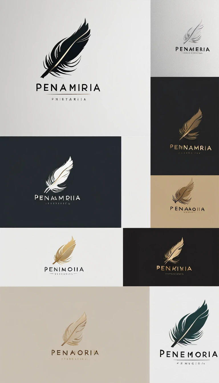 A minimal, modern, simple, cinematic logo design for the brand “Penamemoria". Create a modern, minimalistic, high-quality, logo of a feather-bird
