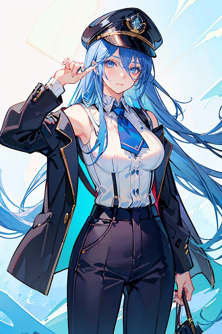 (masterpiece), best quality, seductive eyes, mature face, beautiful woman, blue eyes, long blue hair, long eyelashes, white shirt, black pants, peaked cap, big breast, anime cover, 1girl, smug face
