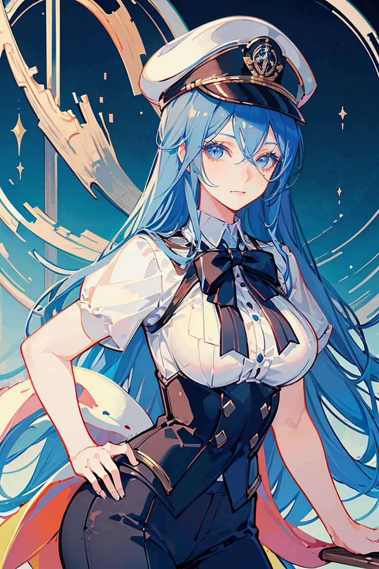 (masterpiece), best quality, seductive eyes, mature face, beautiful woman, blue eyes, long blue hair, long eyelashes, white shirt, black pants, peaked cap, big breast, anime cover, 1girl, smug face
