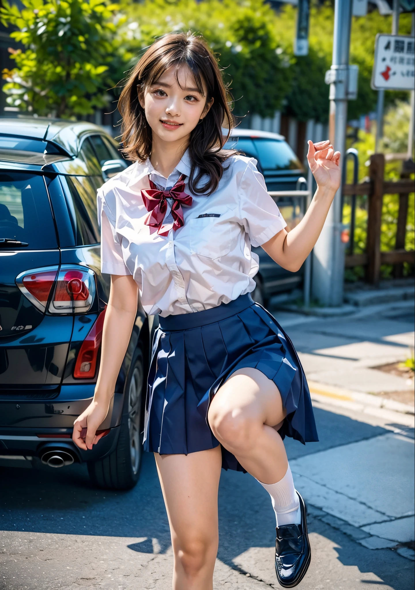 High resolution、8K quality、High resolution、masterpiece、(EOS 5Dmark4、ISO100、1/250、F1.8)、Full specs、Urzan-6500-v1.1、 (RAW Photos:1.2)、 (Realistic:1.4)、Beautiful detailed girl, double eyelid、Long eyelashes above and below the eyes、Curled lashes、Very detailedな目と顔, Beautiful attention to detail, Brown Hair、Medium Bob、Ridiculous, 信じられないほどRidiculous., Large file size, Very detailedな, High resolution, Very detailed, Highest quality, masterpiece, Chemomimi, (((JK Uniform)), shape, Very detailed, BAPV, Integrated, 8k wallpaper, wonderful, Fine details, masterpiece, Highest quality, Very detailedな YTD ユニフォーム 8k 壁紙、Light on the face,、Cinema Lighting、 One Girl, , ((Unpack the box))、((Raise one leg))、(((Panty shot)))、(Camel Toe)、 (half)、 Short sleeve white shirt、Navy blue brief skirt、mini skirt、panties、socks、Loafer shoes、