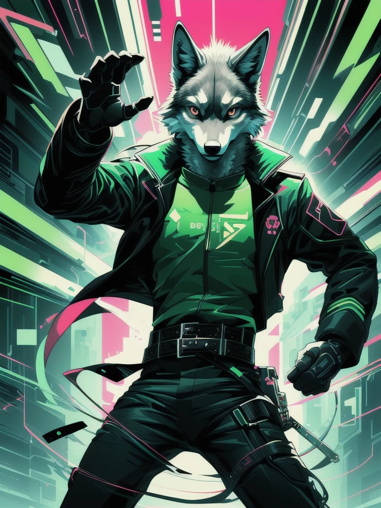 masterpiece, detailed eyes,
musuclar male, solo, furry, canid, wolf, (eyepiece:1.5),
cyberpunk, coat, black pants, belt,
(green theme:1.1), (pink theme:0.9), (color contrast:1.2),
high contrast,
binary code,
dutch angle, action pose, motion lines, icon, symbol,
digital media, illustration, anime, 2d, flat