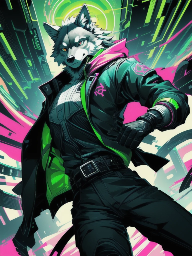 masterpiece, detailed eyes,
musuclar male, solo, furry, canid, wolf, (eyepiece:1.5),
cyberpunk, coat, black pants, belt,
(green theme:1.1), (pink theme:0.9), (color contrast:1.2),
high contrast,
binary code,
dutch angle, action pose, motion lines, icon, symbol,
digital media, illustration, anime, 2d, flat