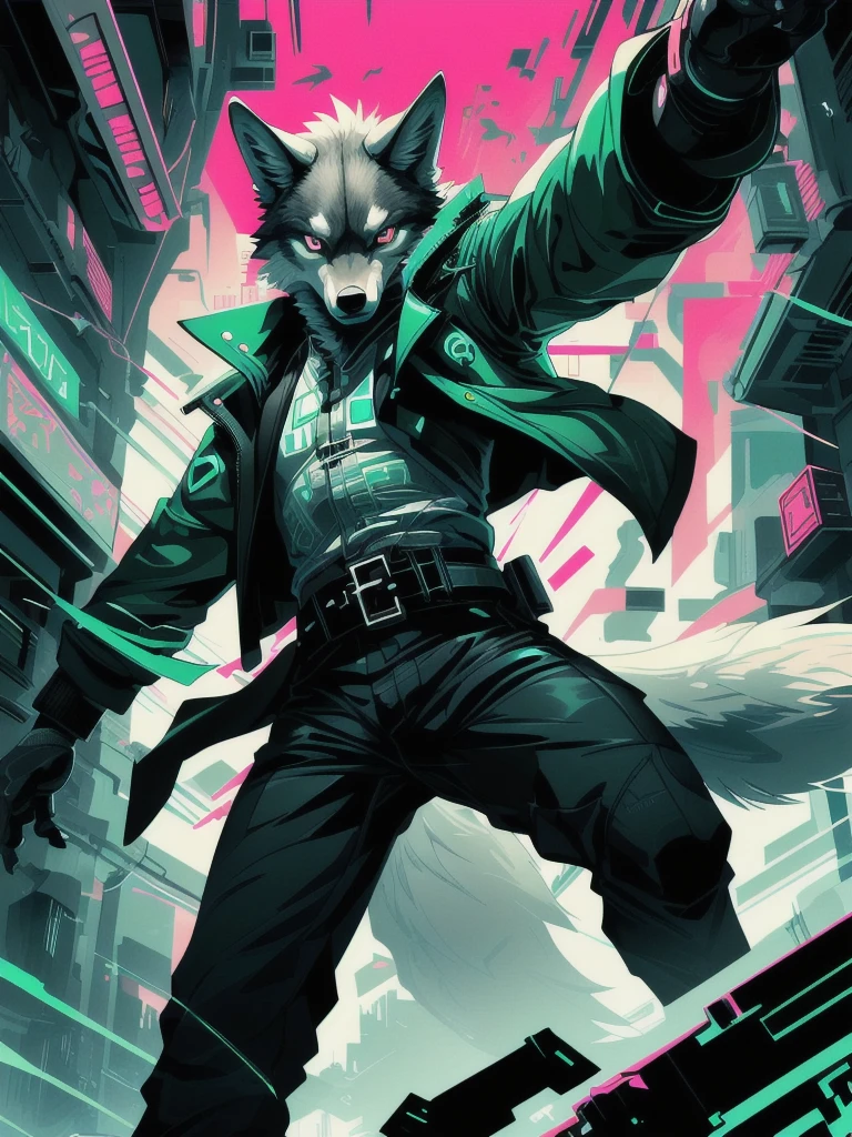 masterpiece, detailed eyes, 
musuclar male, solo, furry, canid, wolf, (eyepiece:1.5), 
cyberpunk, coat, black pants, belt,
(green theme:1.1), (pink theme:0.9), (color contrast:1.2), 
high contrast, 
binary code,
dutch angle, action pose, motion lines, icon, symbol, 
digital media, illustration, anime, 2d, flat