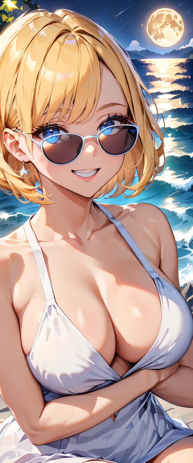 ((grin)), tsurime, ((plunging neckline dress:1.3)), ((sundress)), ((off shoulders, Quite thick shoulder straps)), ((blond hair, bob cut:1.3)), ((sunglasses, hand to sunglasses)), (((from side))), ((((upper body)))), bare legs, (((A night sky stretching under a full moon, stars shining and reflecting on the sea surface))), ((sitting on the very high cliff)), wavy hair, inward curled hair, ((sea, nature)), breasts, teenager, (looking at viewer), collarbone, head tilt:1.3, (((blue eyes))), happy smile, (((anime style))), (best quality, 4K, 8K, highres, masterpiece:1.2, ultra-detailed, ultra-detailed eyes, HDR, uhd, studio lighting, ultra-fine painting, sharp focus, physically-based rendering, extreme detail description, professional, vivid colors, bokeh)