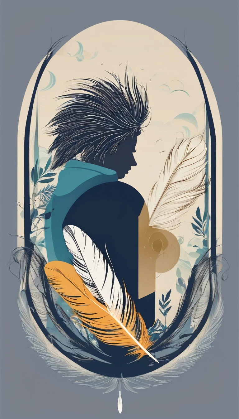 Create a minimal, modern, simple, inspirational, memorable, dream like icon design of a boy and a feather for the brand“Penamemoria".