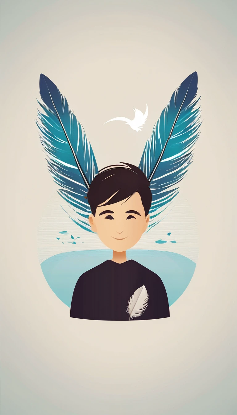 Create a minimal, modern, simple, inspirational, memorable, dream like icon design of a boy and a feather for the brand“Penamemoria".