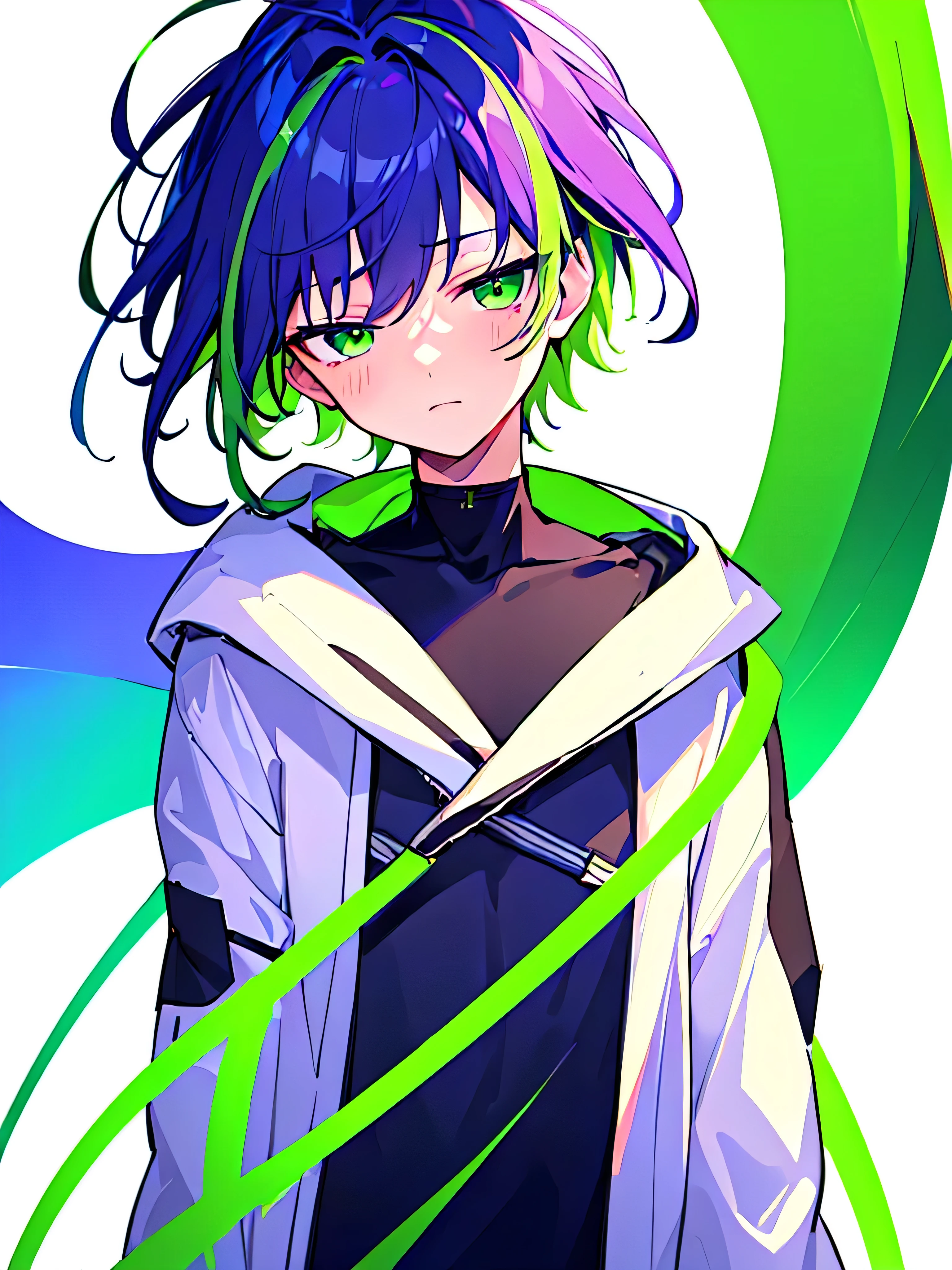 [(WHITE BACKGROUND:1.5),::5], ((((masterpiece)))), high quality, ultra very high resolution, full color, (((solo))), (()), Purple hair, ((Green streaked hair)), (Green eyes), anime, ((upper body)), neon light, black parka, 