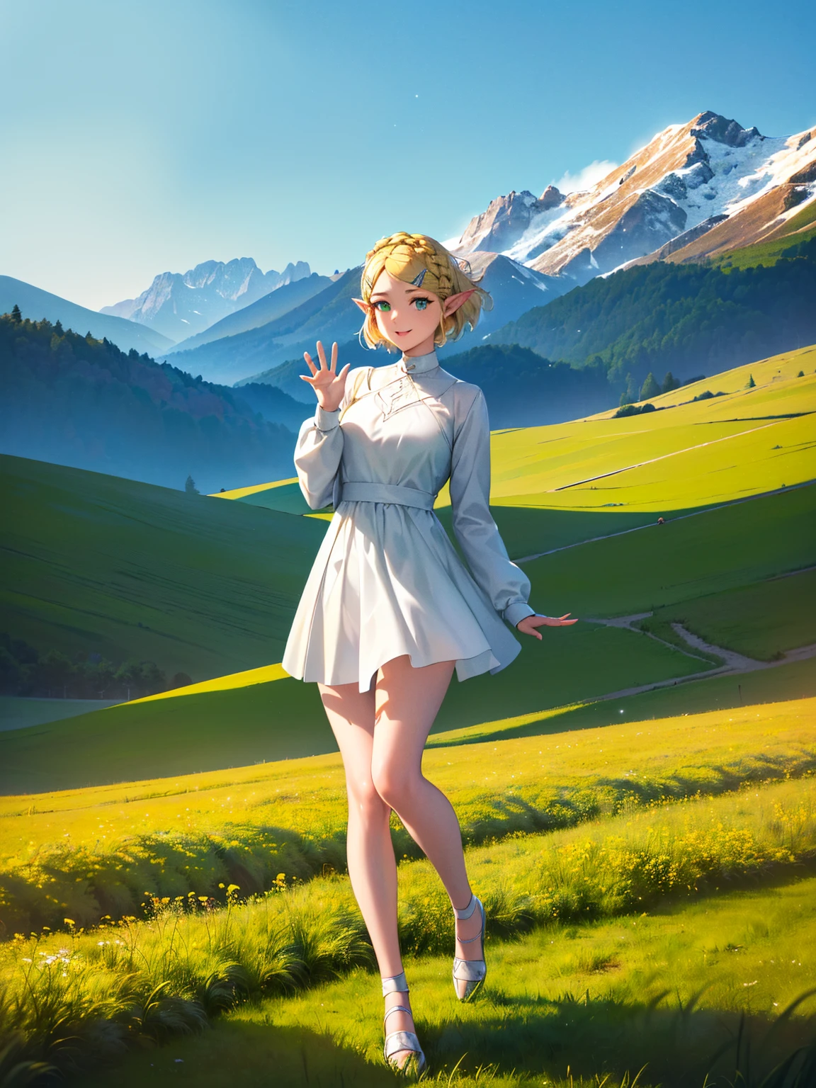 (masterpiece, best quality, high definition:1.2), (1girl, solo:1.3), (blonde hair, short hair, crown braid, hairclip, hair swaying from the wind:1.3), (green eyes, bright pupils, sparkling eyes:1.2), (pointy ears, white dress, long sleeves:1.3), (smile, happy:1.2), (standing, full body shot, full body:1.5), (waving, hand waving, waving hand at viewer:1.3), (day time, light particles:1.1), (scenery, outdoors, field, green field, grass field, open field:1.35), (mountains, mountains in the distance:1.1), 200mm lens,