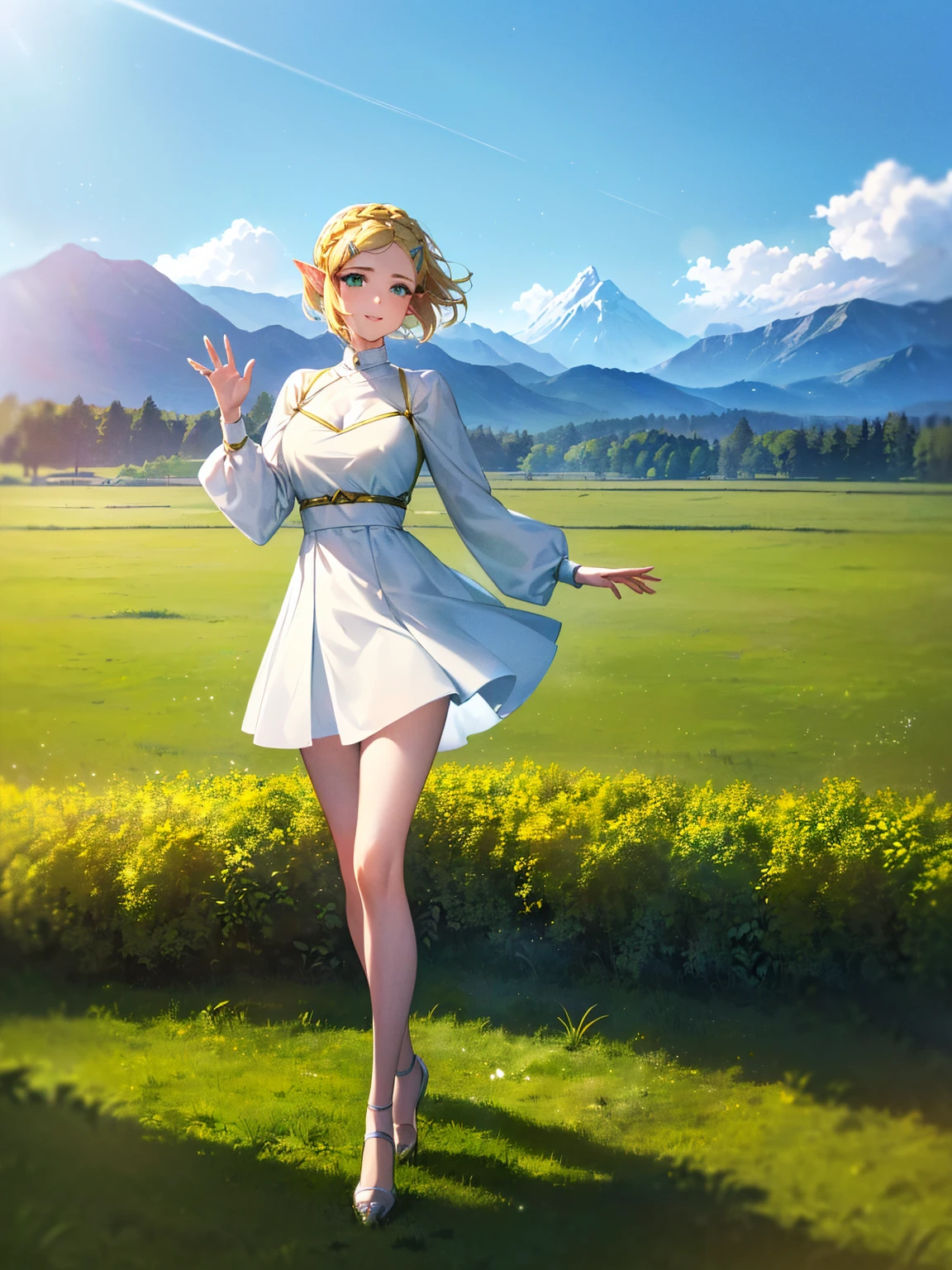 (masterpiece, best quality, high definition:1.2), (1girl, solo:1.3), (blonde hair, short hair, crown braid, hairclip, hair swaying from the wind:1.3), (green eyes, bright pupils, sparkling eyes:1.2), (pointy ears, white dress, long sleeves:1.3), (smile, happy:1.2), (standing, full body shot, full body:1.5), (waving, hand waving, waving hand at viewer:1.3), (day time, light particles:1.1), (scenery, outdoors, field, green field, grass field, open field:1.35), (mountains, mountains in the distance:1.1), 200mm lens,