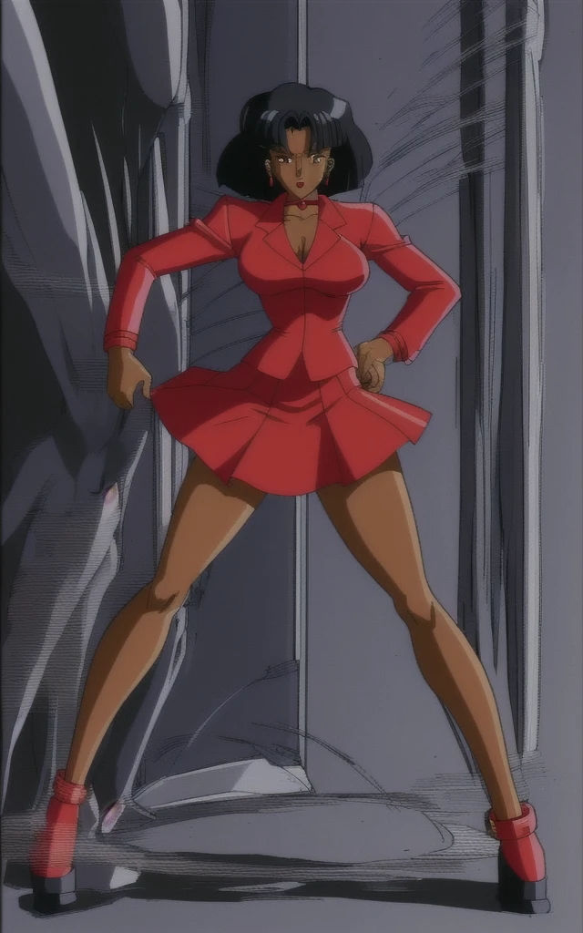 90s anime black skinned business girl in a red skirt suit